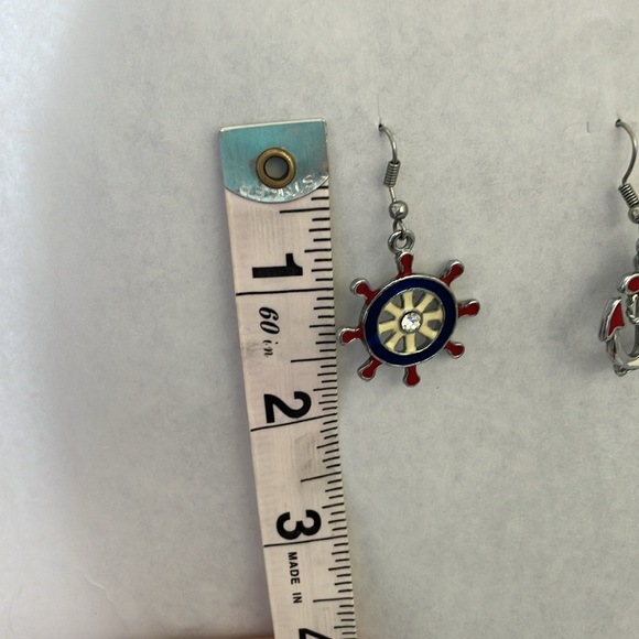 Nautical Anchor and Wheel Ship Dangle Earrings Design w/ Red, White & Blue - Picture 4 of 6